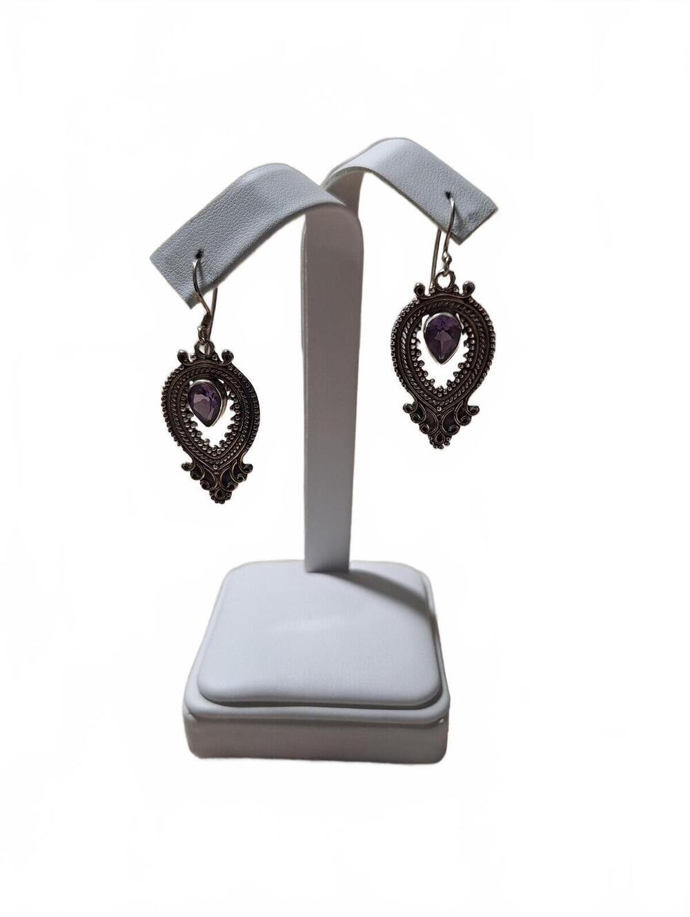 Amethyst Rose de France drop dangle earrings in sterling silver Artisan Crafted